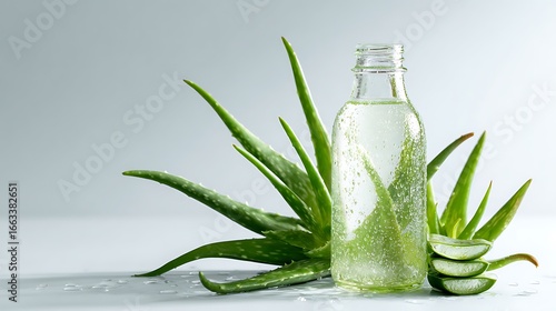 Aloe vera plant and clear bottle with liquid and aloe slices on a white surface with water drops