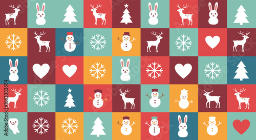 Charming winter holiday icons on a mosaiced color block background perfect for festive designs and decorations