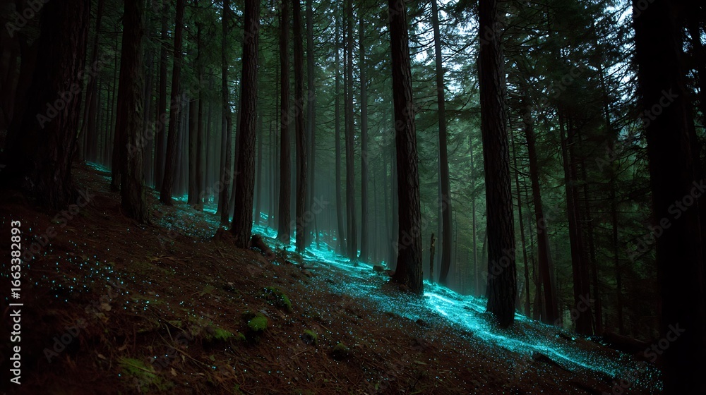Fototapeta premium A dark forest illuminated by a glowing blue stream and scattered bioluminescent specks on the ground