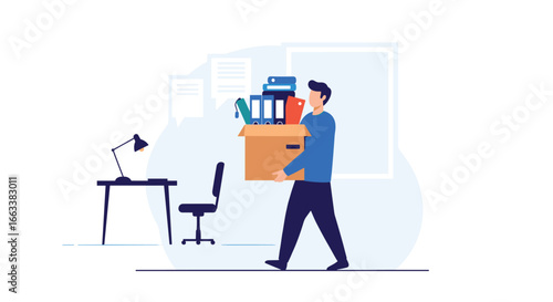 Employee moving office belongings during a corporate relocation or team restructuring event