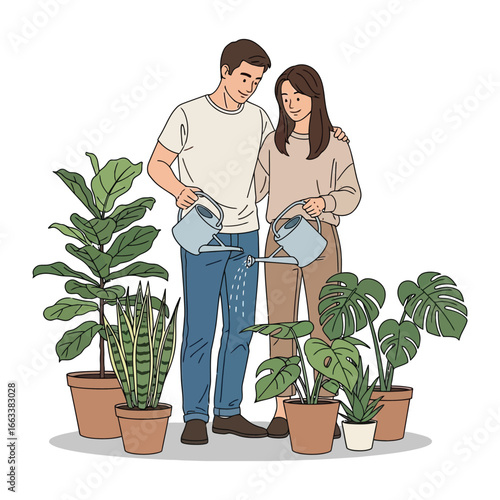 Cultivating Growth: A couple lovingly tends to a collection of vibrant indoor plants. A harmonious display of care, shared moments, and the nurturing of life