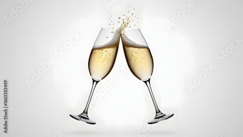 Two champagne glasses clinking together with bubbly liquid splashing