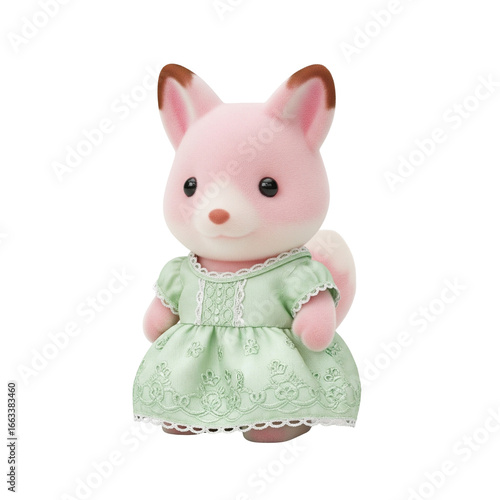 Pink Squirrel Toy in Mint Green Dress with Lace and Embroidery Details