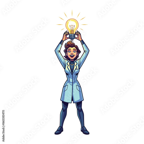 Eureka Moment: A scientist, bathed in the glow of inspiration, holds a luminous light bulb high above her head, signifying innovation and brilliant ideas.