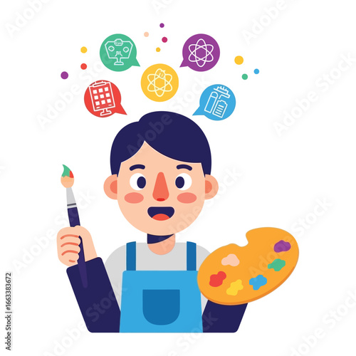 Artistic Visionary: An artist, depicted with a palette and paintbrush, envisions a vibrant spectrum of ideas, symbolized by colorful thought bubbles above their head.