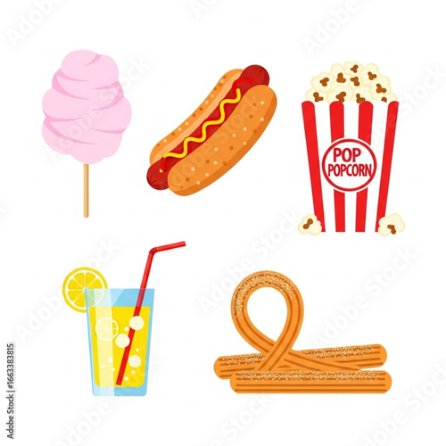 Illustration of cotton candy, hotdog, popcorn, lemonade, and churros.