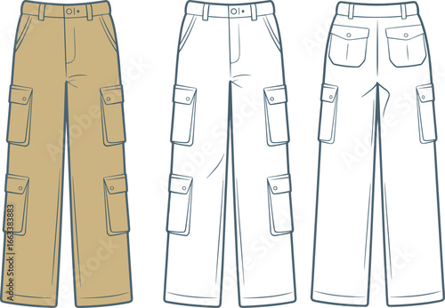 CAD drawing flat vector illustration of cargo pants with side pockets, fashion design technical sketch for men’s utility wear, casual workwear, streetwear apparel