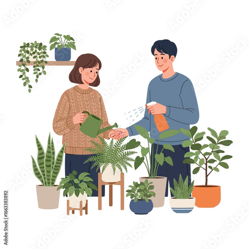 Cultivating Green Harmony: A couple diligently nurtures an array of vibrant indoor plants, cultivating a lush, verdant oasis within their home. Witness the tender care and connection to nature.