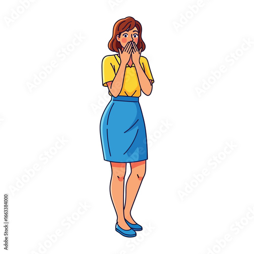 Stunned Woman: A hand-drawn illustration capturing a moment of surprise as a woman covers her mouth with her hands, revealing an emotion of shock, fear, or disbelief.