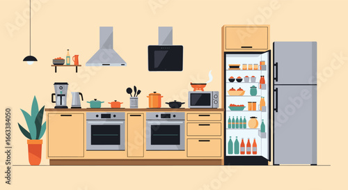 A bright modern kitchen interior featuring double ovens a refrigerator a coffee maker and various kitchen appliances on a warm yellow background