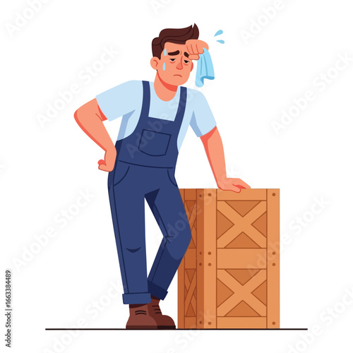 Sweaty Worker: A worker wipes his brow, fatigued from his labor and leaning on a wooden crate, embodying the intensity of a hard day's work.
