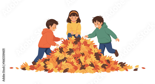 Children enthusiastically playing and jumping into a large pile of colorful autumn leaves on a bright day