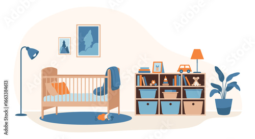 Cozy nursery room design with wooden crib and storage shelves creating a peaceful baby haven