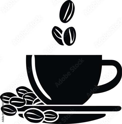 Black coffee cup with coffee beans falling into the cup and beans on the saucer icon design