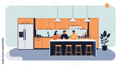 Modern kitchen design featuring a central island with seating and contemporary cabinetry creating a welcoming gathering space for family and friends