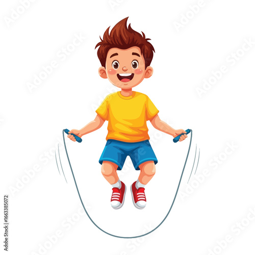 Energetic Child Skipping Rope: A lively illustration of a young boy joyfully skipping with a rope, a vivid portrayal of childhood fun and active play.