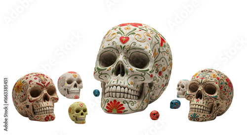 Artistic day of the dead skulls with colorful decorations illustration