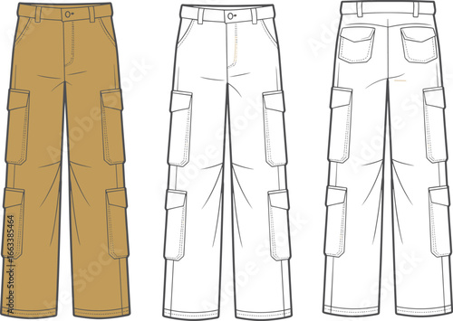 Cargo Pants, Front and Back Views, Technical Fashion Sketch, Flap Pockets, Structured Seams, Garment Design Layout, Stylish Clothing Template, Fashion Vector Artwork CAD Drawing Flat Vector Illustrati
