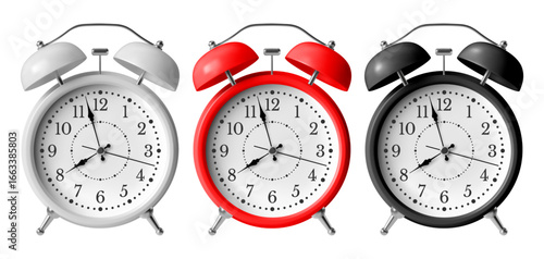 Set of white, red and black alarm clock at 8 o'clock. Retro classic analog clock with bells and arrows. Front view. Isolated 3D vector illustration