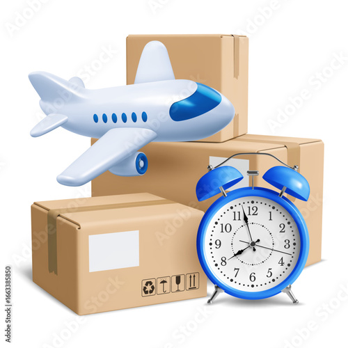 Cardboard boxes, parcels, with blue alarm clock and flying plane. Air mail, Fast delivery, express delivery concept. Transport logistics. 3d realistic isolated vector illustration
