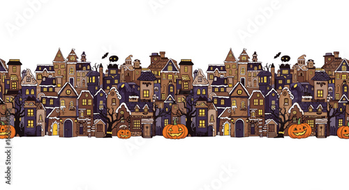 Enchanting pixelated halloween townscape with spooky pumpkins and flying bats