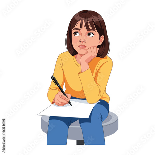 Contemplative Writer: A young woman sits with a pen in hand, lost in thought as she prepares to write on a blank page, embodying the introspective process of creative endeavor.