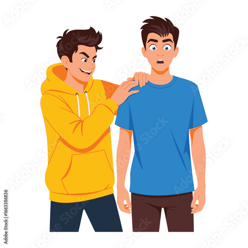 Deception and Surprise: One person's manipulative touch, accompanied by a mischievous grin, juxtaposes with another's expression of shock and surprise.