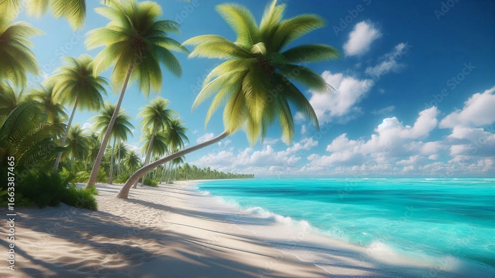 Fototapeta premium Tropical beach scene with swaying palm trees under a vibrant sky.