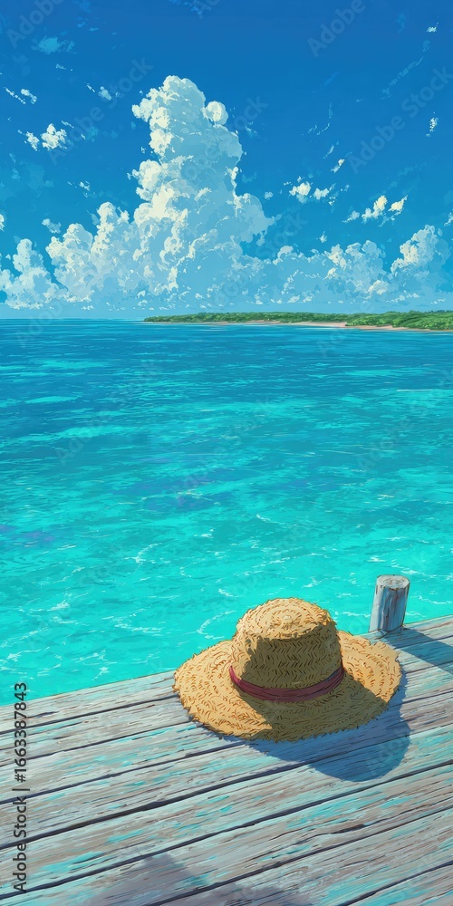 Obraz premium Serene beach scene a straw hat rests on a weathered wooden dock overlooking a tranquil turquoise ocean under a bright, partly cloudy sky