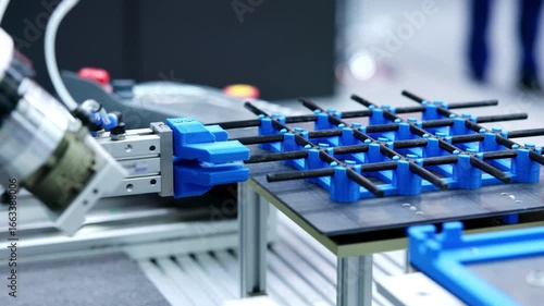 Robotic arm picking up metal grid in industrial automation process. Media