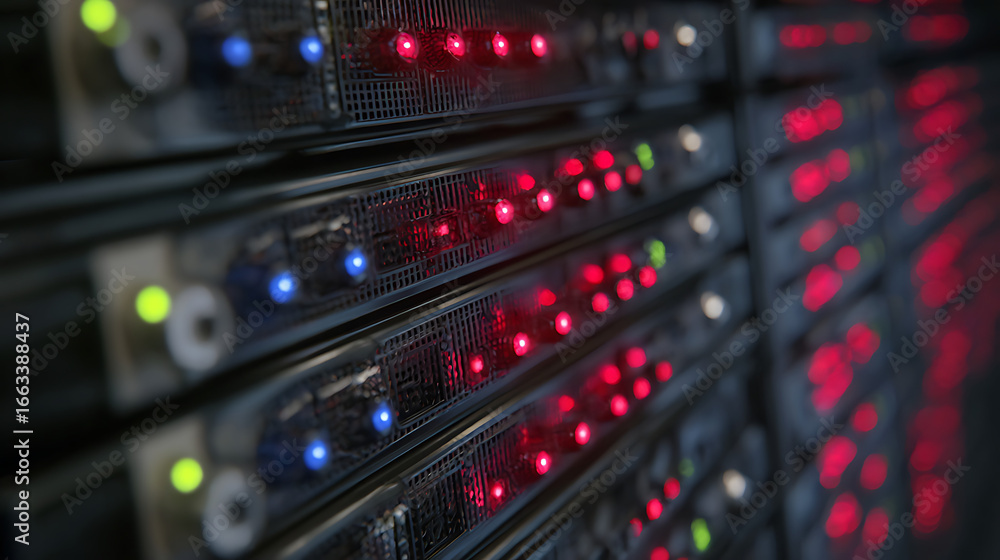 Naklejka premium Racked network servers with LED error indicators lit 