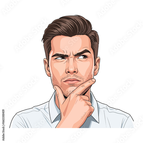 Contemplative man with concern expression: A meticulously drawn illustration of a man, engrossed in thought, his brow furrowed with concern, his gaze thoughtful and inquiring.