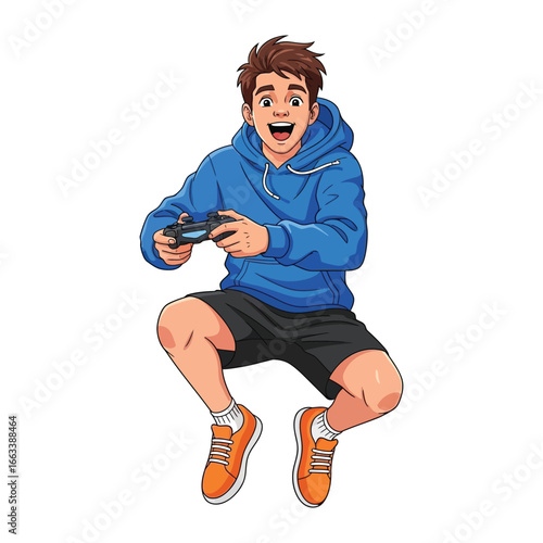 Gaming Joy: A cartoon illustration of a young individual in a joyful moment of gaming, focused, engaged, and clearly absorbed in his virtual world.