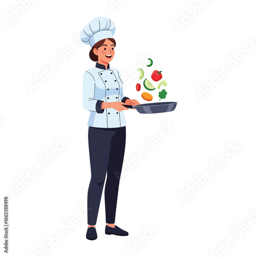 Culinary Maestro: A professional chef, clad in traditional attire, expertly tosses a vibrant medley of fresh vegetables in a frying pan, embodying the art of cooking and culinary excellence.
