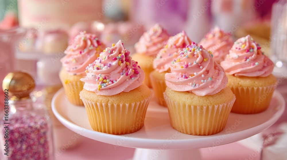 Colorful cupcakes with pink frosting and sprinkles at a festive celebration Colorful cupcakes with pink frosting and sprinkles at a festive celebration
