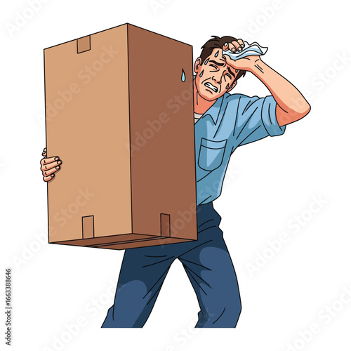 Man Struggling with Box: A person struggles to carry a large cardboard box, showcasing exertion and the challenges of moving a heavy object. The image captures effort.