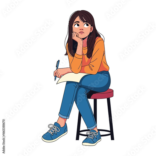 Thoughtful Contemplation: A young woman is immersed in contemplation as she sits on a stool, clutching a pen and notepad in her hands.