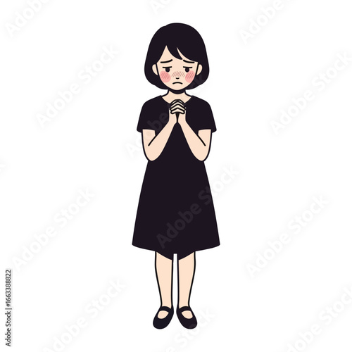 Mourning in Monochrome: A solitary figure, shrouded in black attire, embodies sorrow and reflection, captured in an illustrated portrait