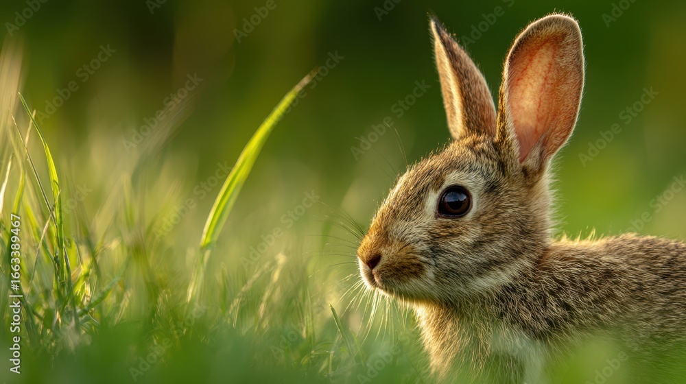 Fototapeta premium Curious rabbit explores a green meadow during sunny spring afternoon