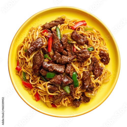 Beef and noodles stir fry dish isolated on transparent background