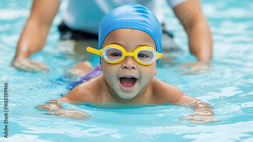 A young child with blue swimming cap and goggles, looking excited with mouth open, swimming in a pool with an instructor behind them