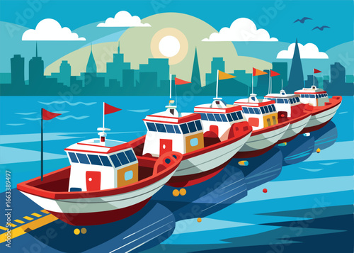A vibrant, stylized illustration depicts a harbor scene with several fishing boats lined up, docked next to a city skyline.