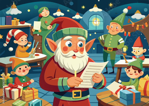 A vibrant and cheerful scene depicting elves busy preparing for Christmas.