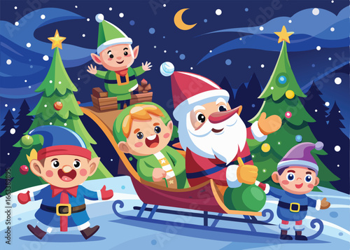 A vibrant and cheerful scene depicting elves busy preparing for Christmas.
