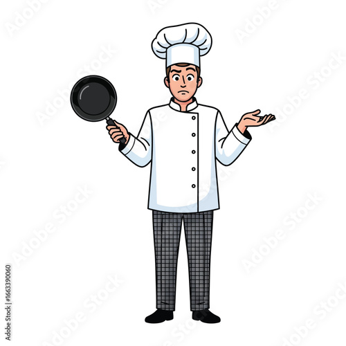Chef’s Culinary Dilemma: A professionally attired chef, holding a sleek pan, stands with an inquisitive expression, captured in this crisp and colorful illustration.