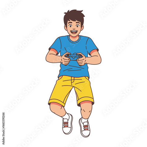 Gamer Boy in Action: A vibrant illustration of a cheerful boy completely absorbed in a gaming session, clutching a game controller with focused intent and infectious enthusiasm.