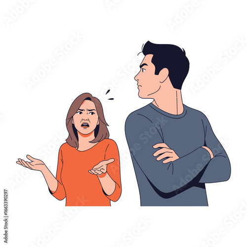 Conflict: A couple in a tense moment, he remaining silent and arms crossed, while she displays expressive frustration and questioning demeanor, representing communication struggles in relationships.