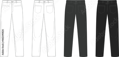 Cad drawing flat vector illustration of casual pants in black and white colors, front and back views, technical fashion sketch, clothing design