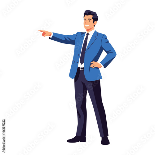 Confident Leader: A distinguished businessman in a striking suit confidently gestures forward, radiating leadership and decisiveness with every movement. 