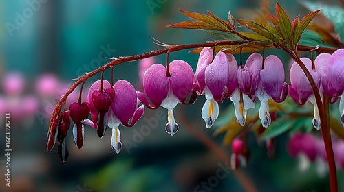 Delicate pink bleeding heart flowers with water droplets dicentra spectabilis pink flowers